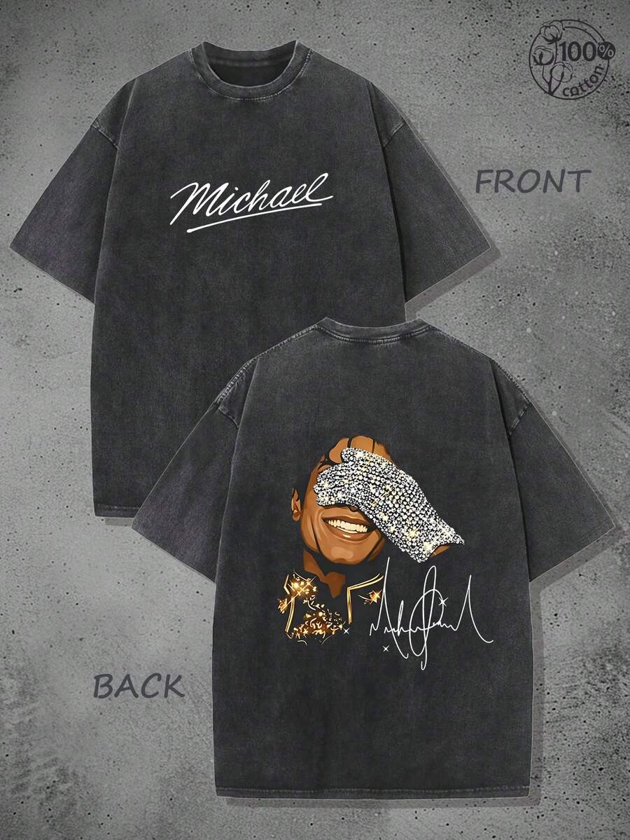 Michaeles Jacksones Vintage Washed T-Shirt,Front And Back Double Print Rock Star Print American Top,Music Legend,Rock Star,Vacation Outfits Men,Street Outings, And Daily Commuting,Vintage Street Style Unisex Loose Cotton Short Sleeve Crew Neck T-Shirt,Summer Clothes Men,Y2K T Shirts Men,Essential For Fans And Fans,Concert,Spring And Summer New Arrivals,Men's 100% Cotton Breathable Casual Shirt,Suitable For Travel, - màu đen - Xem 1