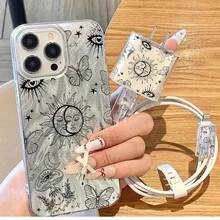 Set de 5 en 1: Funda de teléfono con diseño de pluma, concha y planeta + Cubierta del cargador + Protector de cable + Organizador de cable, Funda protectora a prueba de golpes de TPU para iPhone 6/7/8/X/XS/XR/11/12/13/14/15/16 Pro Max, adecuado como regalo de cumpleaños o Navidad para parejas, novias, hijas, adolescentes - Multicolor - Ver 5