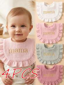 4pcs Girls' Summer Candy Color Pure Cotton Embroidered Bibs, Soft & Skin-Friendly Ruched Baby Drool Cloths, Mother's Day Gift, Suitable For Daily Use - Multicolor - View 1