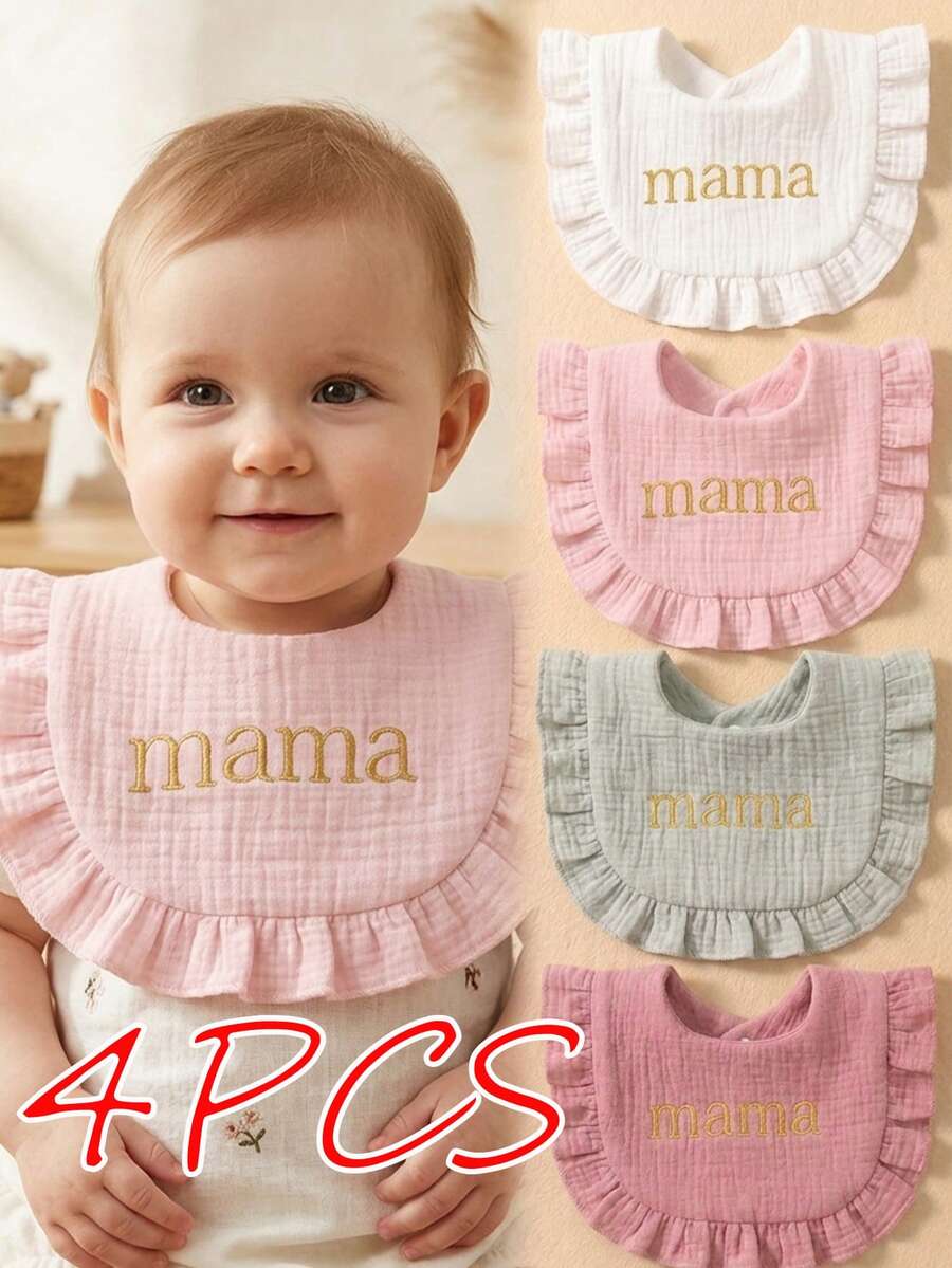 4pcs Girls' Summer Candy Color Pure Cotton Embroidered Bibs, Soft & Skin-Friendly Ruched Baby Drool Cloths, Mother's Day Gift, Suitable For Daily Use - Multicolor - View 1
