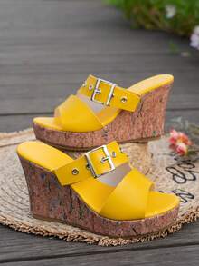 Summer New Vacation Style Buckle Decor White Women Platform Wedge Sandals, Thick Sole Open Toe Casual Slippers,Travel Essential - Yellow - View 11