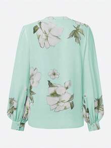 Blus Chiffon Lengan Lentera Kerah Tegak Motif Bunga Elegan untuk Musim Semi - Hijau - View 3