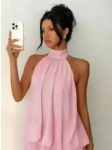 Valentine Outfits For Women Sweet Vacation Slim Sexy Backless Halter Waist-Cinching Top Puffy Short Skirt Dress For Women - 白底黑色波點 - 查看 8