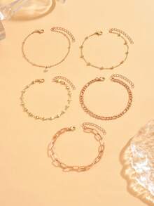 5pcs/Set Fashionable Minimalist Relaxed Vibe Gold Chain Anklets, Multi-Layer Stackable Anklet Jewelry Suitable For Sneakers, Casual Shoes, Formal Wear, Daily Wear, Sports, Photography For Women. Note: Handmade Chain Length Is Customized, Quantity Of Beads Is Random. - Gold - View 2