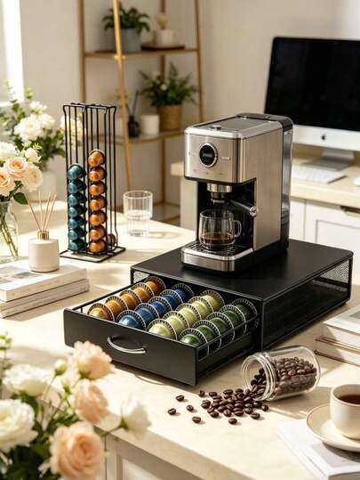 Organizador de cajón para cápsulas de café, soporte de metal para cápsulas de café con cajón deslizante, bandeja de almacenamiento de café con base antideslizante, organizador de café debajo de la máquina de café para cápsulas Vertuo, estantería de malla para estación de café, organizador de barra de café ahorrador de espacio para el hogar y la oficina