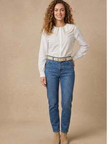 Women's Shirt With Ruff Collar/ Embroidered Detail/ Front Buttons/ Long Sleeves/ Classic Fashion S2192 2 In 1 Office - 白色 - 查看 2