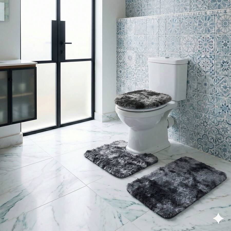 Juego de 3 piezas de tapete para baño pelo alto. - Negro - Ver 1