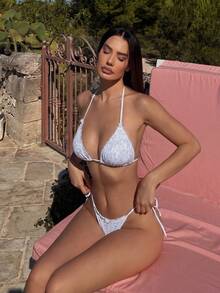 女士休闲度假比基尼套装，法式挂脖露背三角罩杯，透气弹力面料，适合复活节、派对、音乐节、毕业季度假；女士泳装，夏季海滩度假比基尼套装 - 彩色 - 查看 1