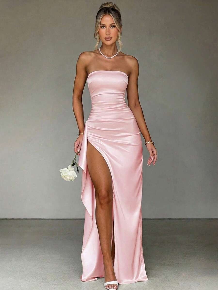 Đầm xẻ tà xếp ly satin thanh lịch quyến rũ, đầm tiệc cocktail, đầm dự tiệc cưới phù dâu, đầm dạ hội chính thức không dây màu hồng - Hồng - Xem 1