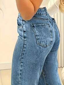 Quần jeans nữ dáng rộng, ống thẳng, kiểu dáng cơ bản, có túi. - Rửa trung bình - Xem 1