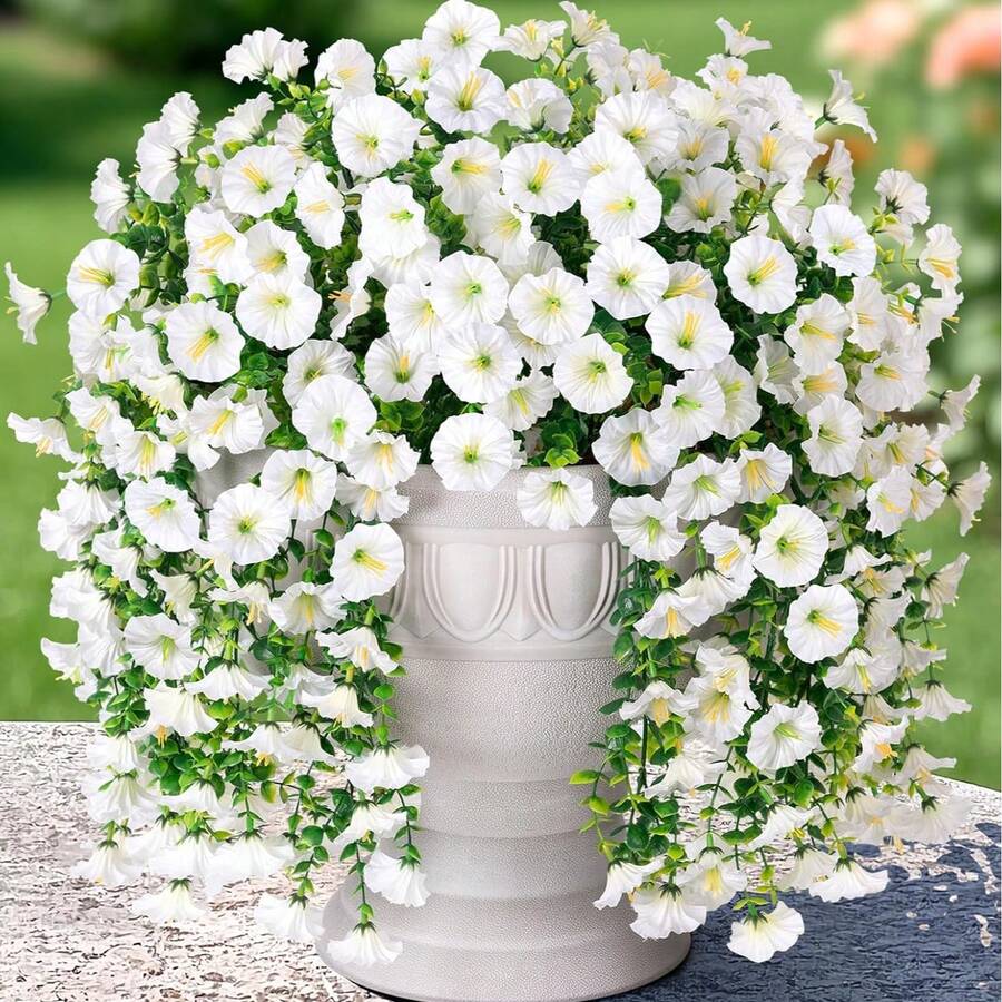 1/4 Pcs Outdoor Artificial Flowers Hanging Eucalyptus Plants Silk Morning Glory Vines UV Resistant Greenery Anniversary Graduation Wedding Party Home Office Porch Garden Yard Wall Spring Summer Decor - White-eucalyptus Morning Glory - View 1