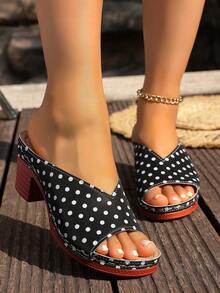 Giày sandal đế dày chấm bi đen dành cho nữ, giày cao gót dễ thương cho mùa lễ hội. - màu đen - Xem 4