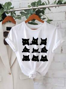 Camiseta Oversize Blanca Gatos Negros Estampados para Mujer Verano Casual - Blanco - Ver 2