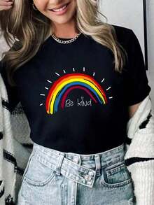 100% Cotton Womens Kindness Rainbow Positive Message - Be Kind O-Neck T-Shirt Summer Women For Top - 黑色 - 查看 1