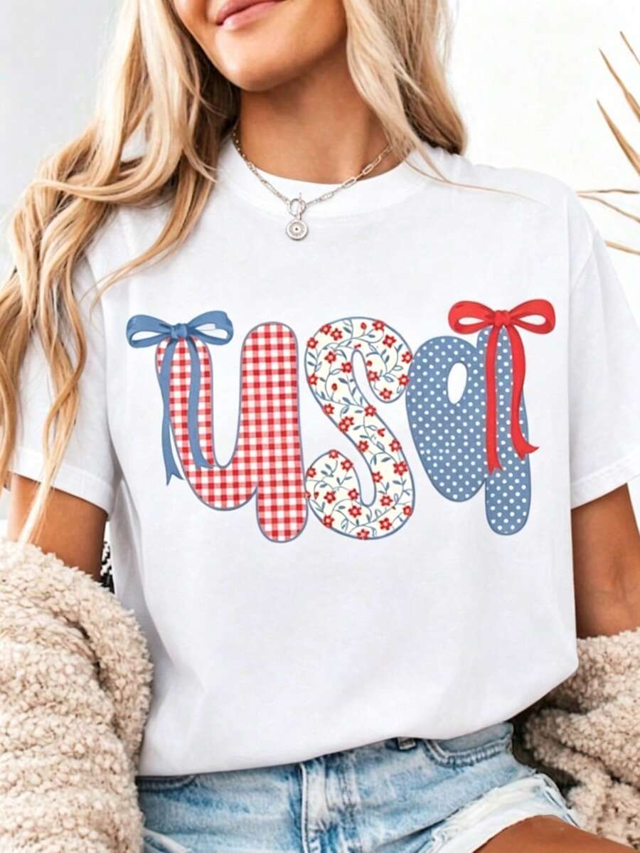 Women's Short Sleeve Round Neck USA Graphic Tee Casual Cute Summer T-Shirt Polyester Fabric With Slight Stretch Regular Fit Streetwear Style - 白色 - 查看 1
