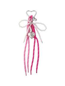 1 Pc Silver Big Heart Pearl Bow Keychain Cute Pearl Design For Girls Women Y2K Key Chains Bag Purse Charm Accessory - Pink - View 12