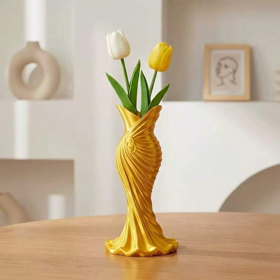 1个3D打印优雅花瓶，融合高端时尚、优雅与简约，塑料花瓶家居装饰 - 金色 - 查看 1