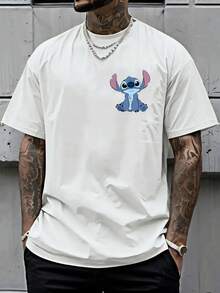 Disney Stitch And Text "OHANA MEANS FAMILY" Cartoon Men's T-Shirt - Men's Fashion And Fun Pattern Design, Breathable And Light, White Casual Short-Sleeved T-Shirt, Suitable For Sports, Travel, Party - The Perfect Gift For Disney Fans, Disney T-Shir - 白色 - 查看 2