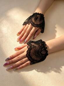 1Pair Lace Wrist Cuffs With Elastic, Decorative Fingerless Gloves For Spring Autumn Halloween - Multicolor - View 10