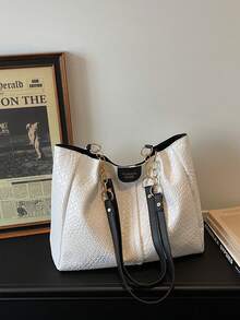 Fashionable Striped Handbag - Women's Large Capacity Shoulder Bag - Zipper Tote Bag For Daily Use With Metal Chain - White - View 1