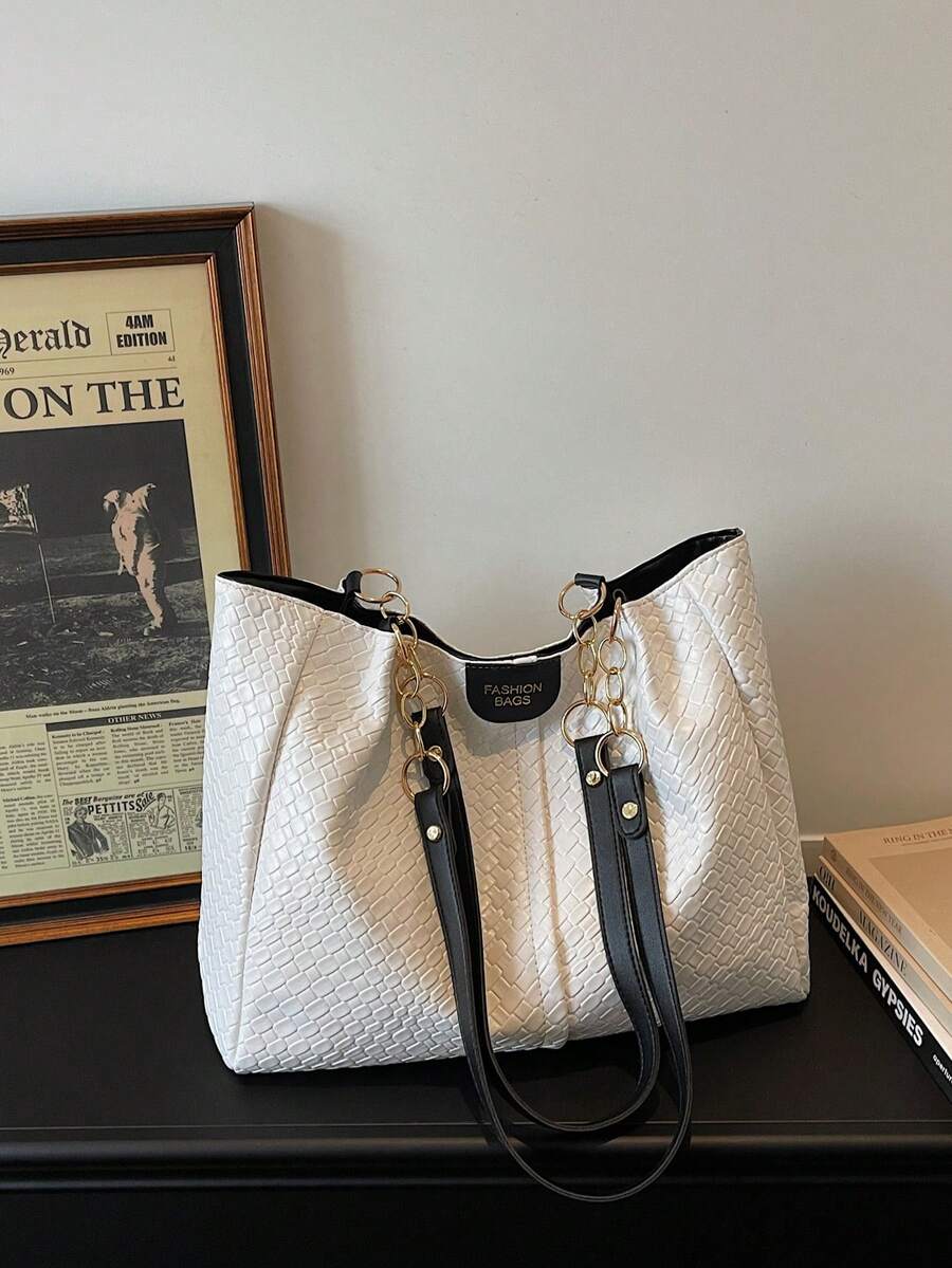 Fashionable Striped Handbag - Women's Large Capacity Shoulder Bag - Zipper Tote Bag For Daily Use With Metal Chain - White - View 1