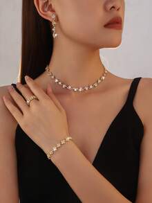 Bộ 4 món: Dây chuyền đính đá, bông tai, vòng tay hình học, 2 chiếc nhẫn co giãn, quà tặng đám cưới, tiệc tùng, ngày lễ. - Bạc - Xem 6