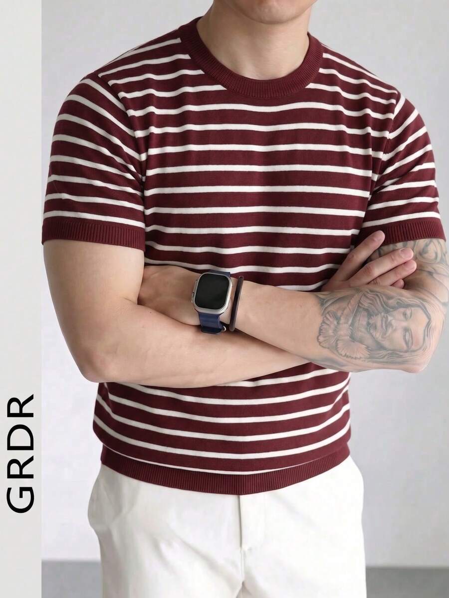 GRDR Men's Summer Knit Striped Short Sleeve Sweater, Fashionable Item For Gatherings And Outings