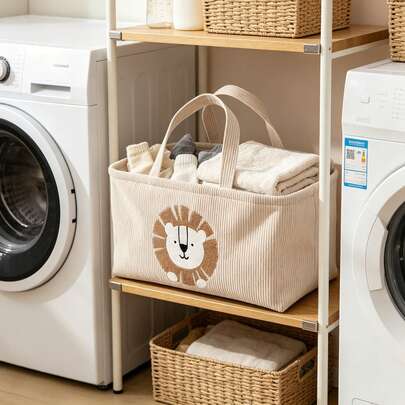 1pc Cute Cartoon Lion Pattern Foldable Storage Basket, Home Organizer Bin For Toys, Clothes And Household Items, Suitable For All Seasons