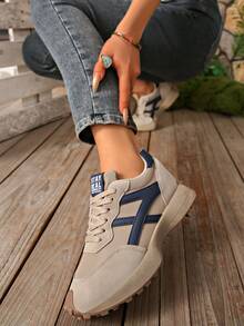 女士舒适系带跑步鞋 - 轻便、四季皆宜、耐用防滑橡胶鞋底 - 卡其色 - 查看 3