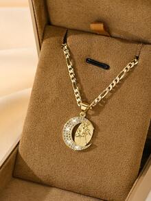 1pc 14K Gold Plated Copper Vintage Religious Personalized Cross Figaro Chain Necklace, Exquisitely Crafted With Superior Quality, Blending Sacred Elements With Fashion Design, Specially Made For Catholic First Communion And Baptism Gifts, Suitable For Various Occasions, Conveying Faith And Beauty - Yellow Gold - View 1