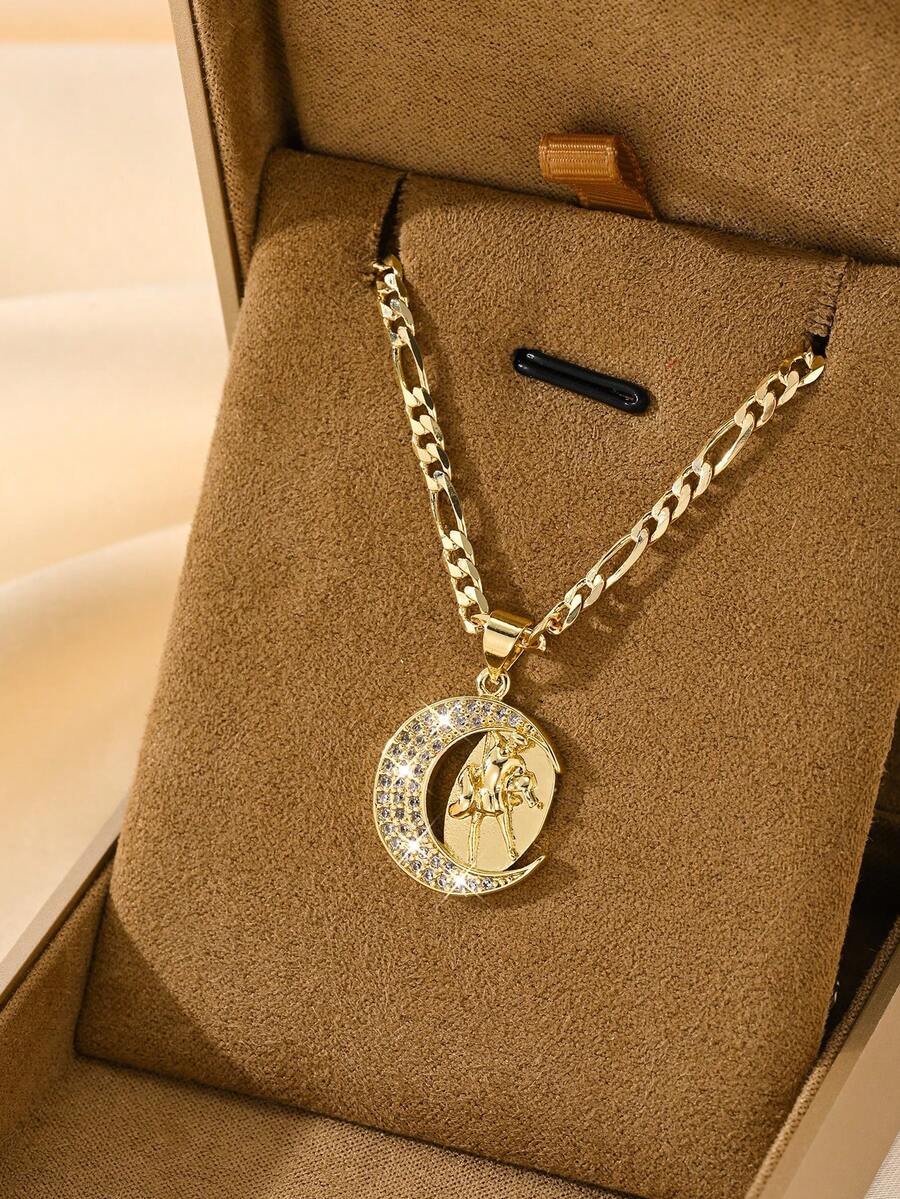 1pc 14K Gold Plated Copper Vintage Religious Personalized Cross Figaro Chain Necklace, Exquisitely Crafted With Superior Quality, Blending Sacred Elements With Fashion Design, Specially Made For Catholic First Communion And Baptism Gifts, Suitable For Various Occasions, Conveying Faith And Beauty - Yellow Gold - View 1