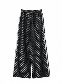 Polka Dot & Star Applique Sweatpants For Women, Loose Straight Leg Casual Pants, Slimming Design (Random Star Pattern) Black - Black - View 3