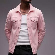 Keevoom Men's Light Pink Distressed Denim Jacket, Casual Ripped Button Up Jacket For Daily Wear - 粉色 - 查看 1