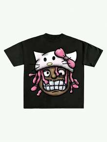 Loose T - Shirt, Summer Casual Women's T - Shirt, 100% Cotton Women's Top. White Short Sleeve T - Shirt With Cartoon Pattern - 黑色 - 查看 1