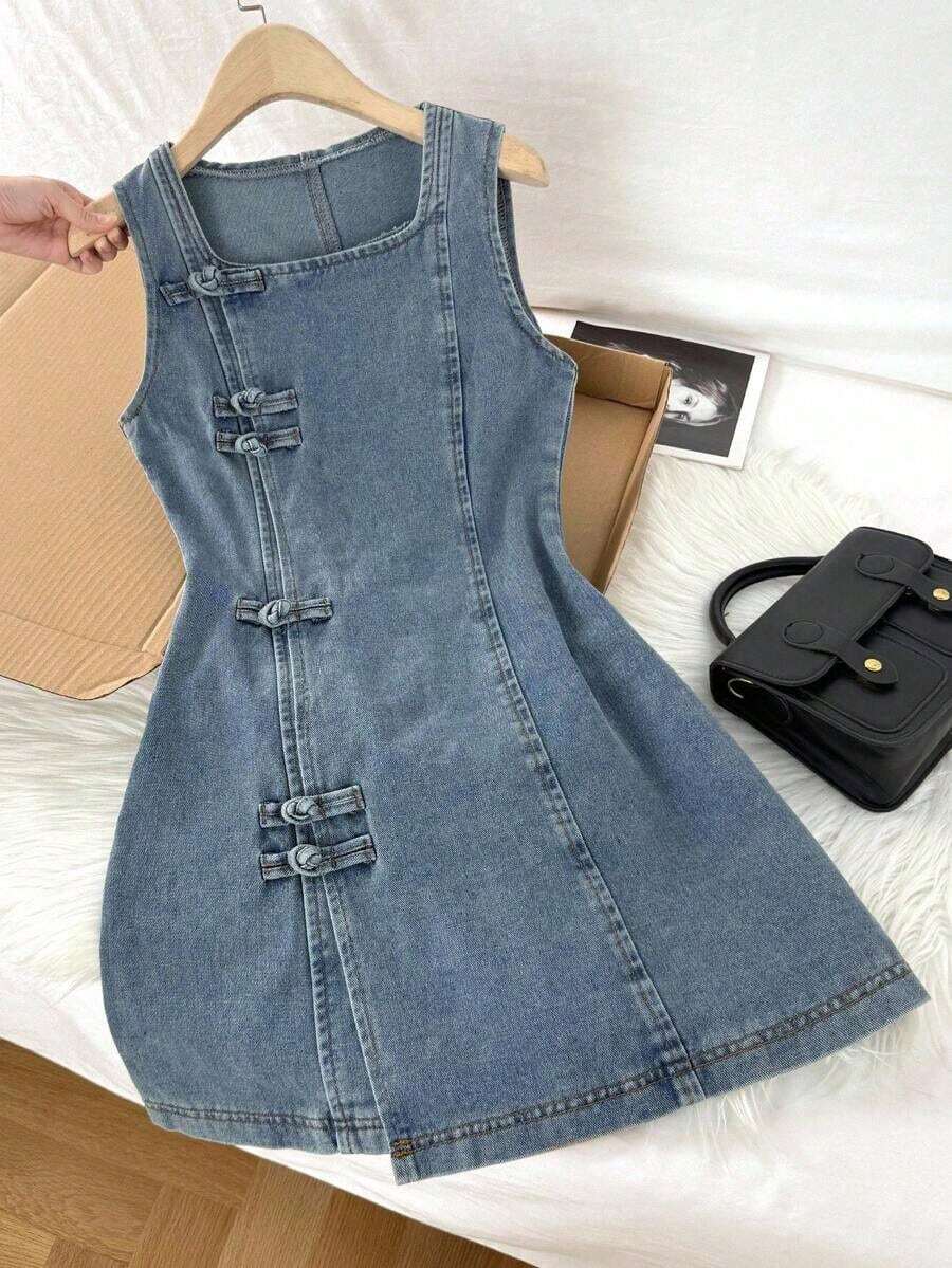 Women's Denim Dress, Square Neck Sleeveless Fitted A-Line Dress, Blue Summer Dresses For Women Summer Outfits For Women Concert Outfit Women  Ibiza Outfits Graduation Dress  Casual Dresses For Woman Cruise Outfits Women, Vintage - 中等水洗 - 查看 1