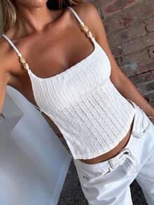 Tank Top Wanita Vaiaye Musim Panas Kasual Warna Polos, Pas Badan, Dekorasi Kerang, Tekstur Jacquard, Cocok Untuk Pantai & Perjalanan, Putih untuk Hari St. Patrick - Putih - View 9