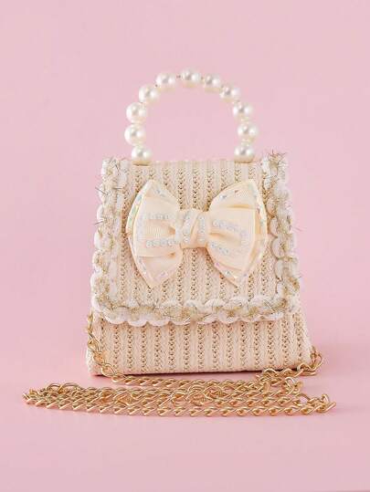 1pc Mini Straw Beaded Handbag With Lace, Rhinestone Bow Decor, Chain Strap, Casual Crossbody Bag, Lightweight Tote Bag For Snacks, Coins, Suitable For Holidays And Daily Use