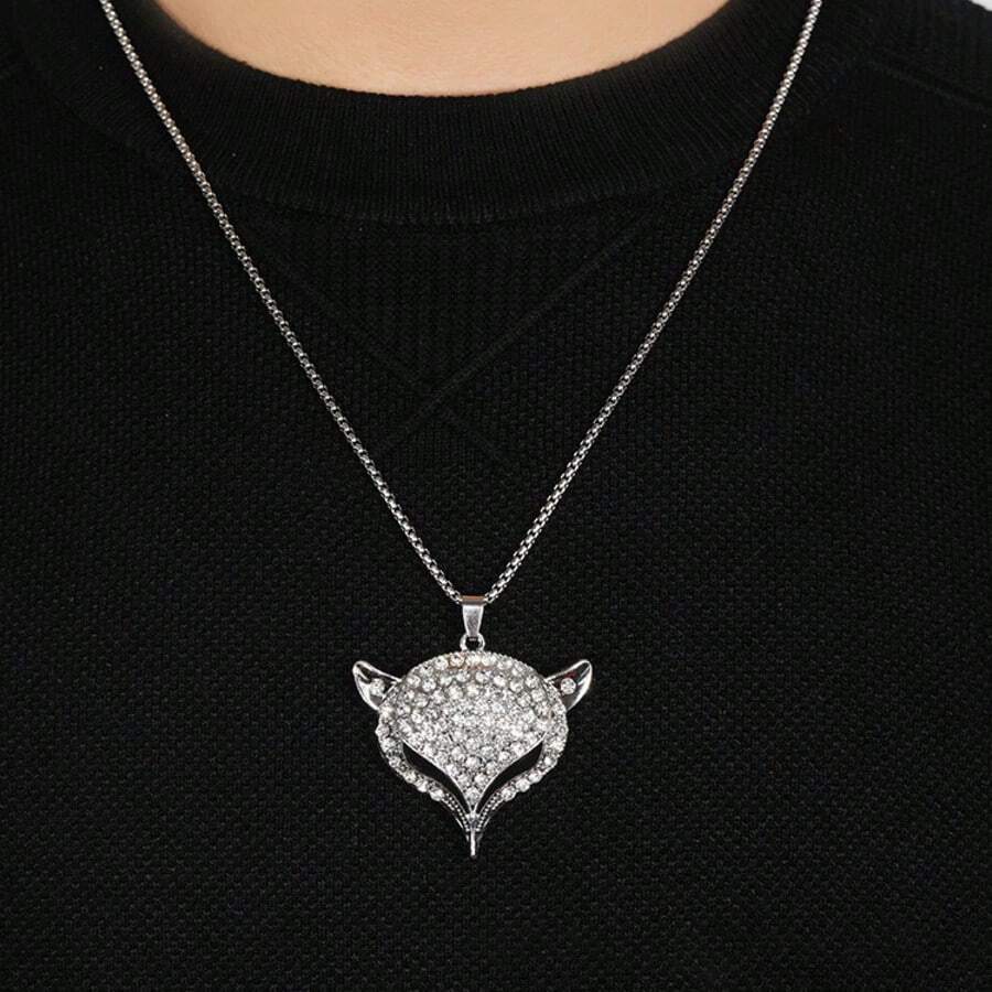 Collar sencillo para hombre, nueva colección de primavera. Collar de mujer con estilo de moda personalizado, colgante de zorro con diamantes incrustados, cadena larga de suéter como regalo para ti mismo - Multicolor - Ver 1