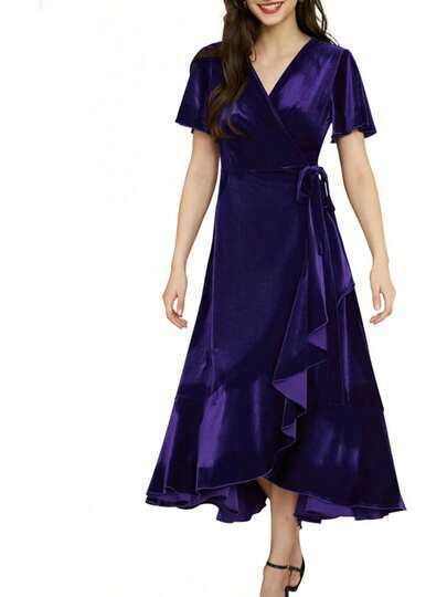 Women's Velvet Maxi Dress With Pockets For Wedding Guest