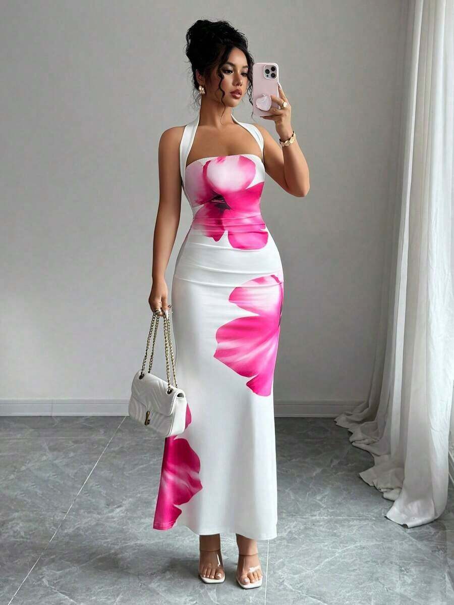 Vestido midi estampado de verano 2025 para mujer, con cuello halter y cintura ajustada. - Blanco - Ver 1