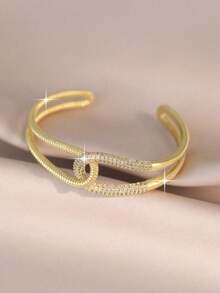 Elegant Twisted Design Micro-Inlaid Cubic Zirconia Openable Bangle Bracelet, Suitable For Women's Daily Wear, Travel And Parties - Gold - View 9