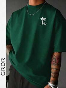 Camiseta de manga corta con cuello redondo y estampado de palmeras de moda para hombre GRDR, informal - Verde - Ver 1