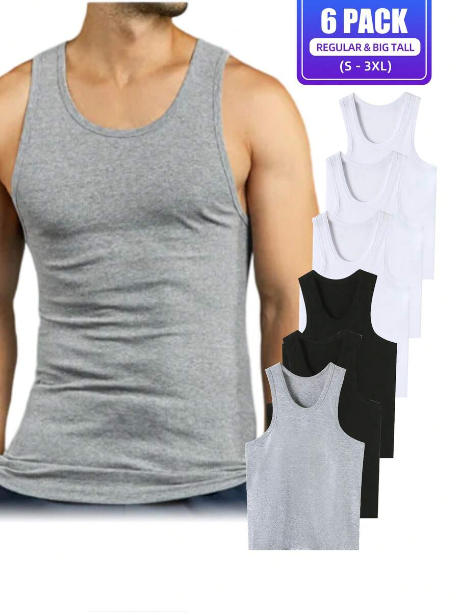 6 Pack Men's Tank Top A Shirt 100% Cotton Solid S-3XL Basic Underwear Daily Wear Classic Fit Regular Plus Big & Tall Size, Basic Layering Tops, Cotton Workout Breathable Casual A-Shirts For Sport Hiking Activewear - 3個白色+2個黑色+1個灰色 - 查看 1