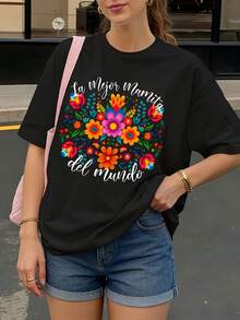 Camiseta Negra con Estampado Floral y Texto La Mejor Mamita del Mundo para Mujer Casual - Negro - Ver 1