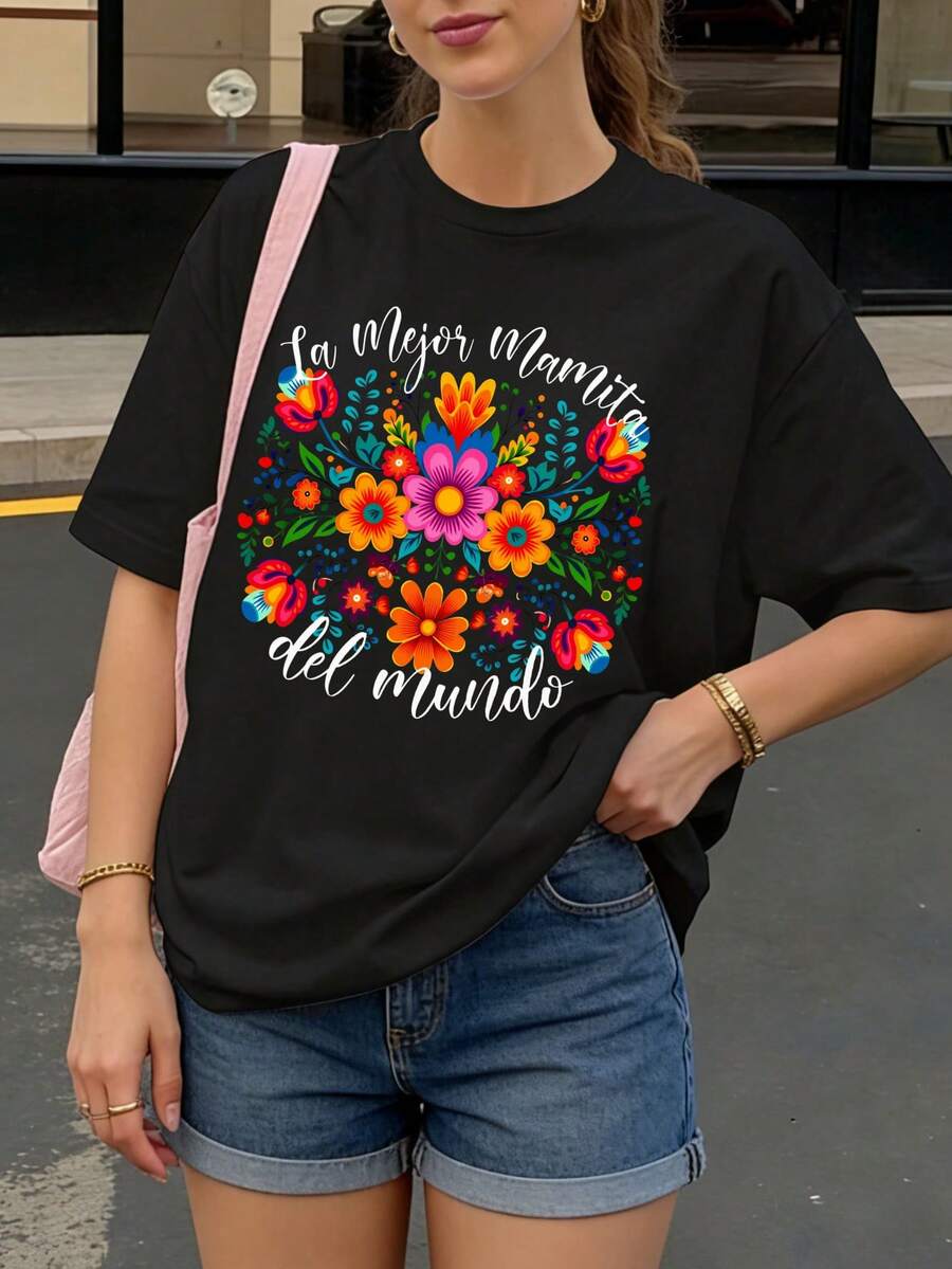 Camiseta Negra con Estampado Floral y Texto La Mejor Mamita del Mundo para Mujer Casual - Negro - Ver 1