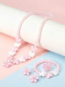 Set de 5 piezas de joyería con flores y mariposas para niñas, incluye collar, pulsera, anillo y aretes, adecuado para fiestas, regalos de cumpleaños y uso diario - Multicolor - Ver 1