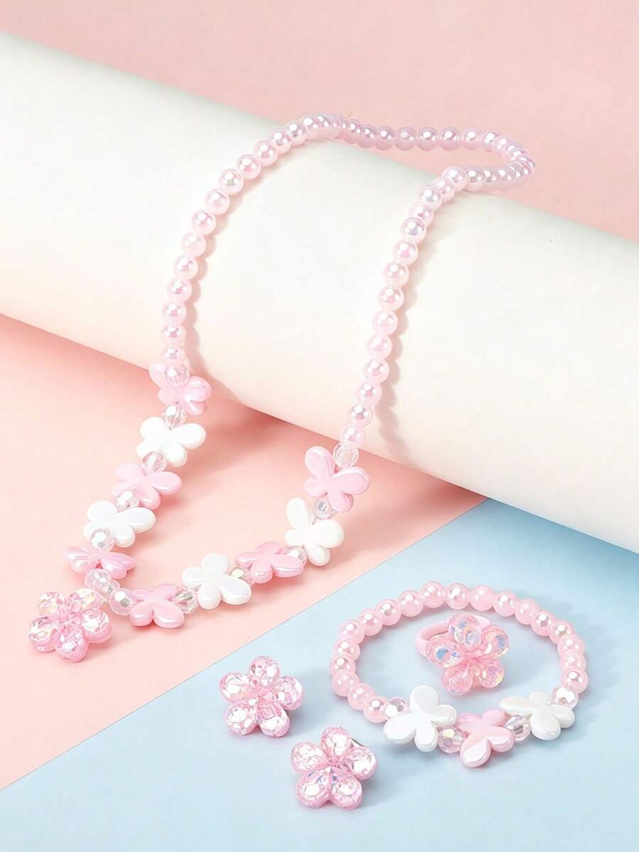 Set de 5 piezas de joyería con flores y mariposas para niñas, incluye collar, pulsera, anillo y aretes, adecuado para fiestas, regalos de cumpleaños y uso diario - Multicolor - Ver 1