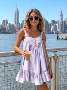 Vestido lencero para mujer, vestido corto de verano holgado, sin mangas, plisado y con volantes. - Violeta - Ver 4