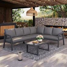Garden Furniture Set, Corner Configuration, Seats Up To 6 People, Woven Armrests And Backrests, Galvanized Steel Tubes, Includes Corner Sofa And Coffee Table, Color: Grey - Grey - View 4