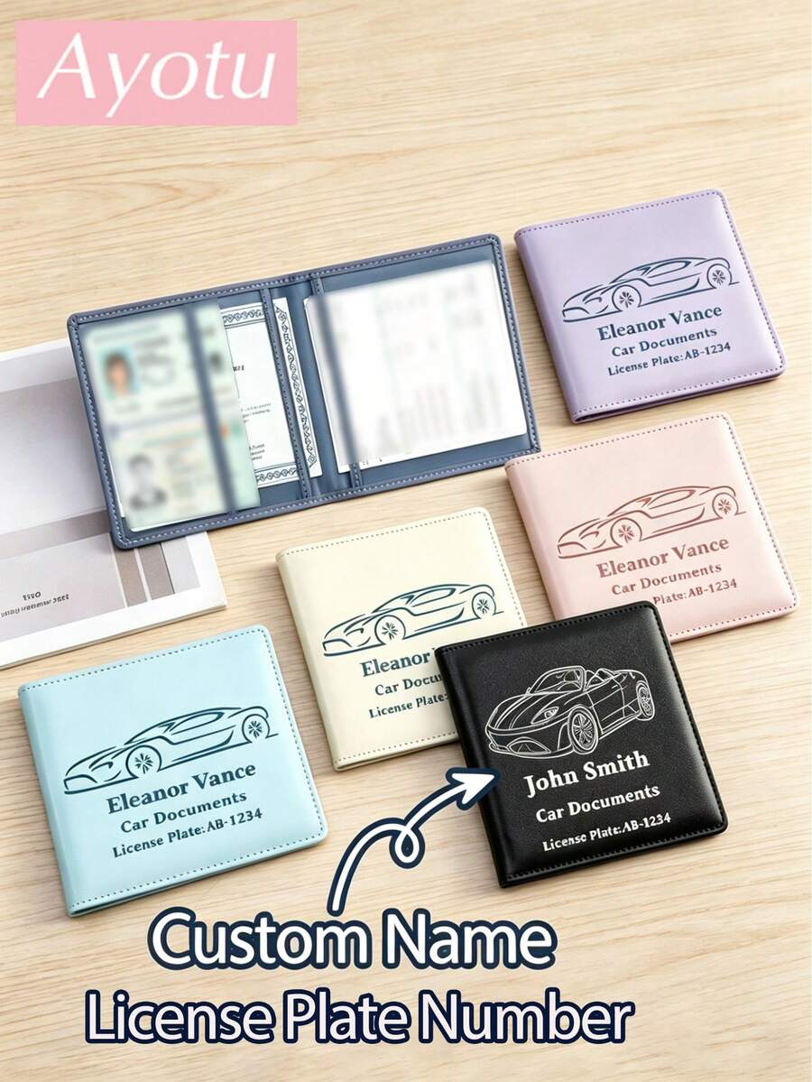 Porte-documents de voiture personnalisable, organisateur de documents d'immatriculation et d'assurance véhicule personnalisé avec photo et texte, portefeuille en cuir PU pour permis de conduire pour hommes et femmes, accessoire de voiture personnalisé, convient pour les cartes, le permis de conduire et les documents du véhicule, étui pour cartes, accessoire automobile - Multicolore - Voir 1